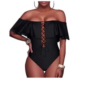 Sexy One Piece Swimsuit Ruffled Off Shoulder Lace Up Bathing Suit